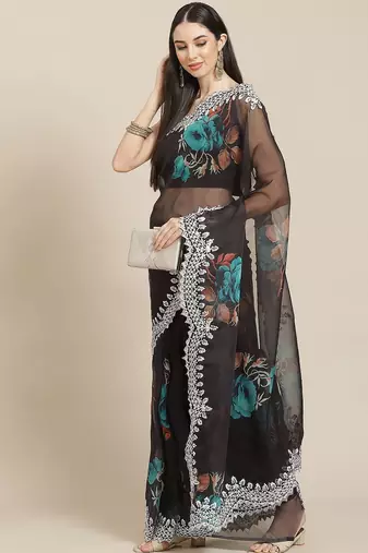 Black black & blue floral organza saree