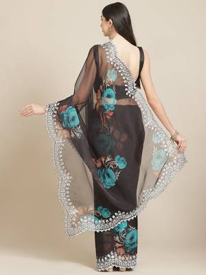 Black black & blue floral organza saree 3