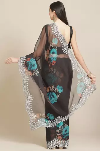 Black black & blue floral organza saree