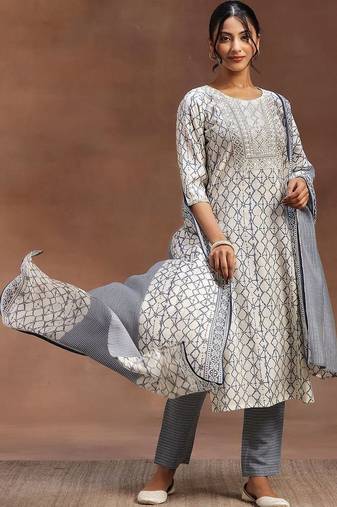 women ethnic motifs printed regular thread work kurta with trousers & with dupatta