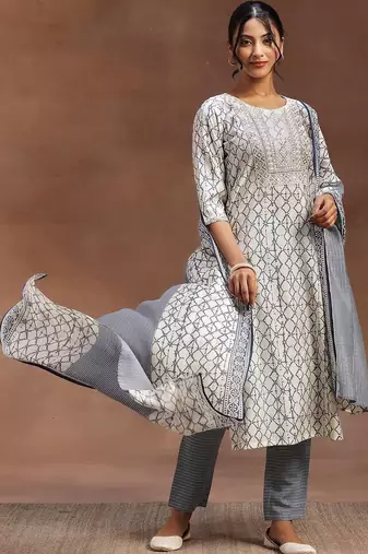 women ethnic motifs printed regular thread work kurta with trousers & with dupatta