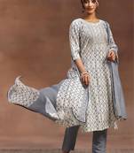 women ethnic motifs printed regular thread work kurta with trousers & with dupatta