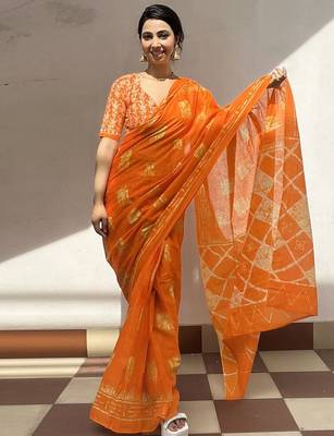 Orange batik block print ready to wear saree 1
