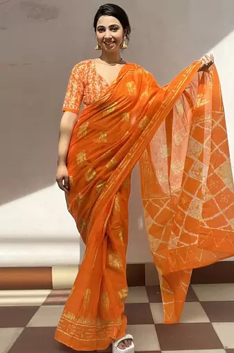 Orange batik block print ready to wear saree