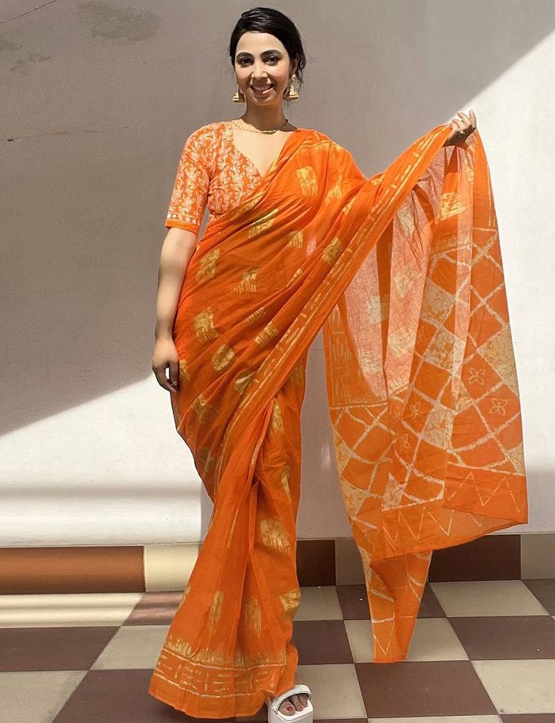 Orange batik block print ready to wear saree