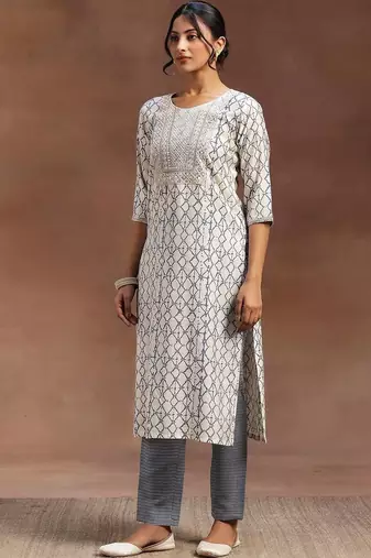 women ethnic motifs printed regular thread work kurta with trousers & with dupatta