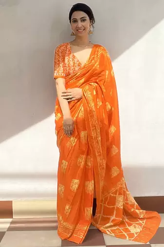 Orange batik block print ready to wear saree