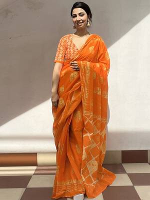 Orange batik block print ready to wear saree 3