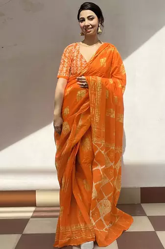 Orange batik block print ready to wear saree