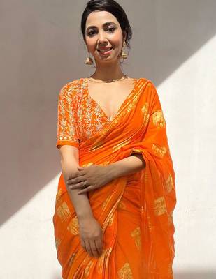 Orange batik block print ready to wear saree 4