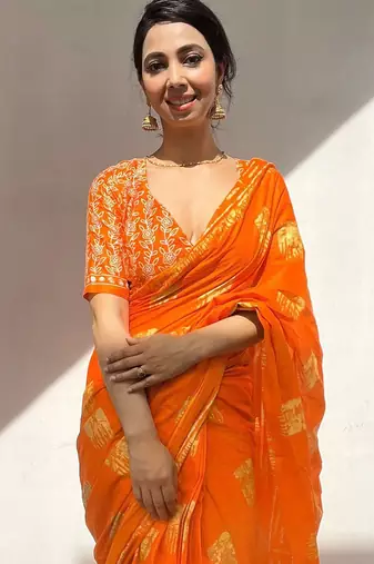 Orange batik block print ready to wear saree
