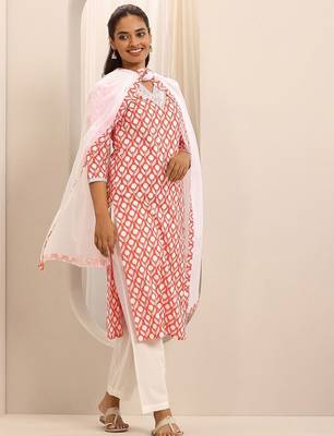 floral printed v-neck straight kurta with trousers & dupatta 1