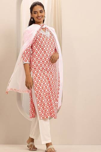 floral printed v-neck straight kurta with trousers & dupatta