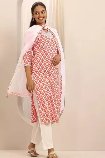 floral printed v-neck straight kurta with trousers & dupatta