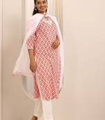 floral printed v-neck straight kurta with trousers & dupatta