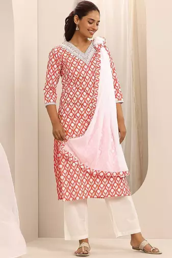 floral printed v-neck straight kurta with trousers & dupatta