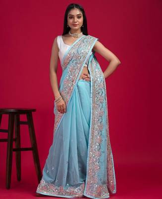 Blue blue embellished mirror work organza saree 1