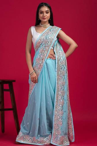 Blue blue embellished mirror work organza saree
