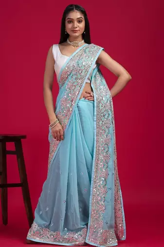 Blue blue embellished mirror work organza saree