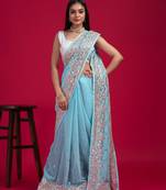 Blue blue embellished mirror work organza saree