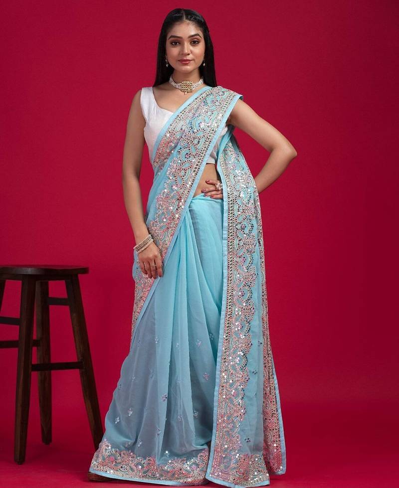 Blue blue embellished mirror work organza saree