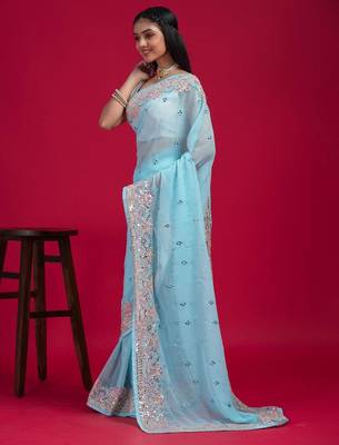 Blue blue embellished mirror work organza saree 2