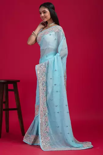 Blue blue embellished mirror work organza saree