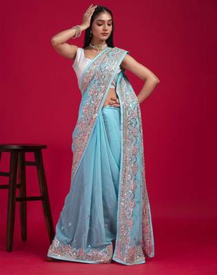 Blue blue embellished mirror work organza saree 3