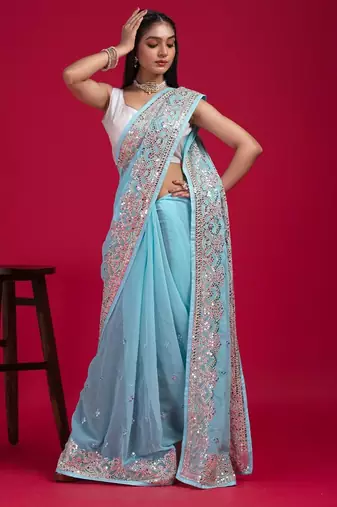 Blue blue embellished mirror work organza saree
