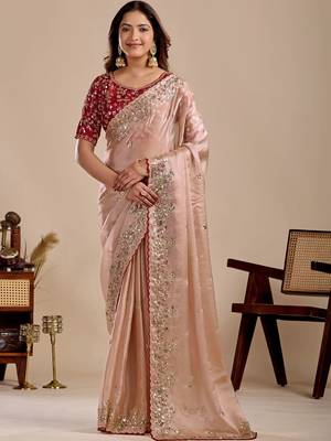 Peach floral sequinned silk blend designer saree 1