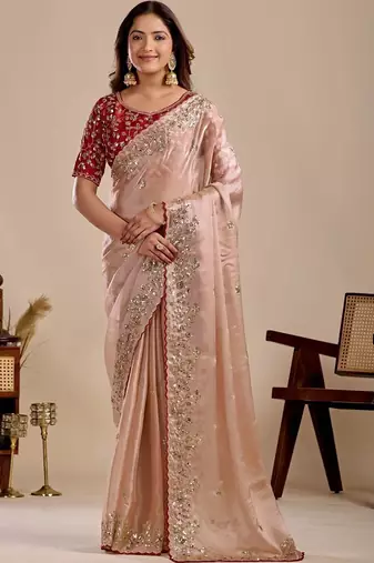 Peach floral sequinned silk blend designer saree