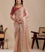 Peach floral sequinned silk blend designer saree
