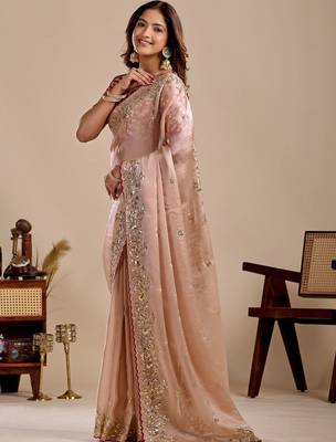 Peach floral sequinned silk blend designer saree 2