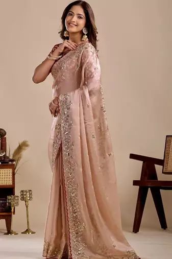 Peach floral sequinned silk blend designer saree