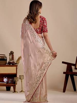 Peach floral sequinned silk blend designer saree 3