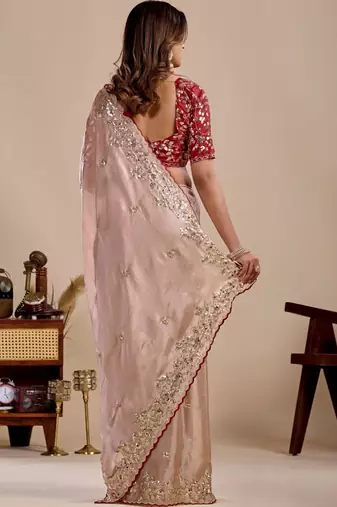 Peach floral sequinned silk blend designer saree