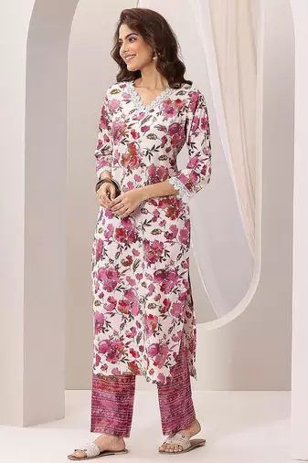 floral printed v-neck straight kurta with trousers