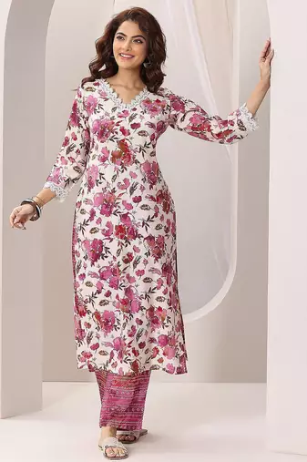 floral printed v-neck straight kurta with trousers