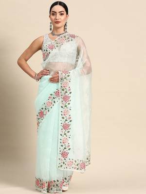 Turquoise floral organza saree 1
