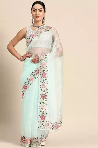 Turquoise floral organza saree