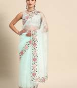 Turquoise floral organza saree
