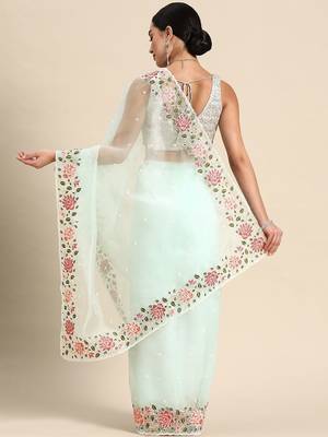 Turquoise floral organza saree 2