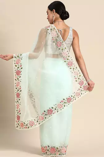 Turquoise floral organza saree