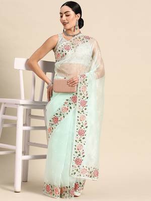 Turquoise floral organza saree 3