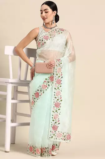 Turquoise floral organza saree