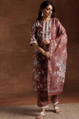 women floral printed regular kurta with trousers & with dupatta