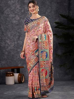Pink ethnic motifs woven design zari banarasi saree with blouse 1