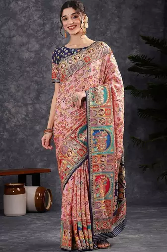 Pink ethnic motifs woven design zari banarasi saree with blouse