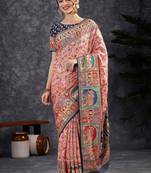 Pink ethnic motifs woven design zari banarasi saree with blouse