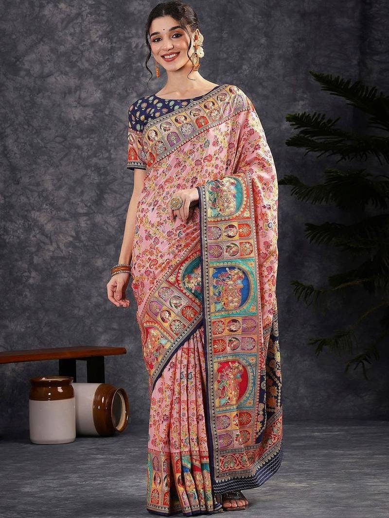 Pink ethnic motifs woven design zari banarasi saree with blouse